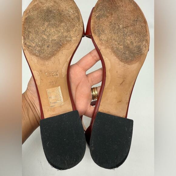 Gucci Burgundy red leather Horsebit ankle strap peep toe low heel sandals EU38.5 - Picture 10 of 11